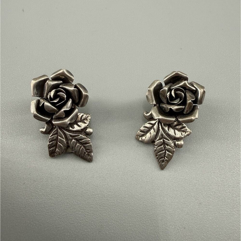 Vintage Cellini’s Florence Italy 800 Silver Rose Flower Clip On Earrings Floral